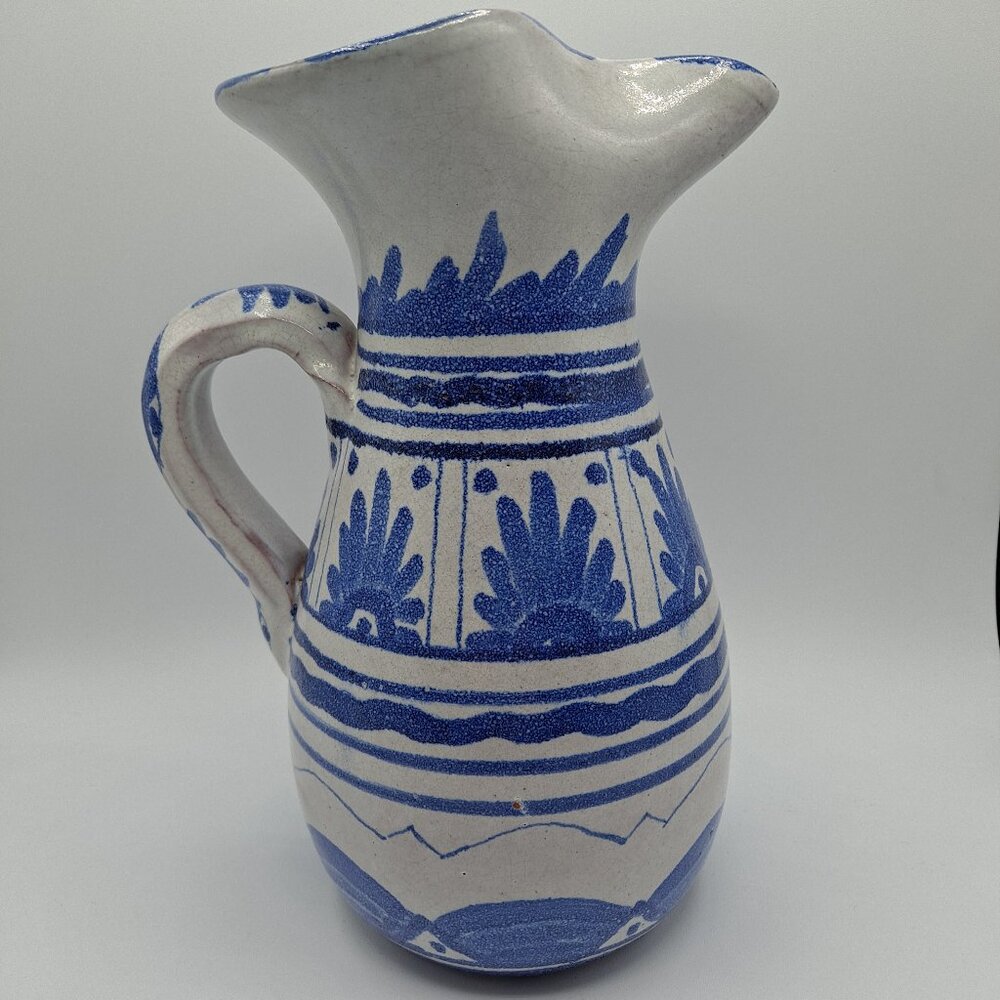 Blue Floral Decorated Studio Stoneware Pottery Handled Pitcher or Vase